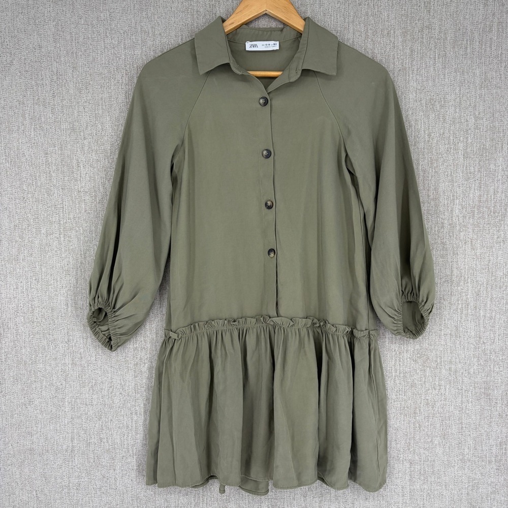Zara Drop Waist Ruffle Hem Shirt Dress Girls 13-14 Olive Green Long Sleeve